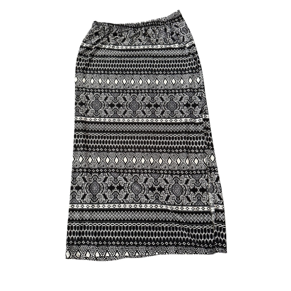 Mlle Gabrielle Maxi Skirt Women's L Black White Tribal Boho Geometric Side Slit